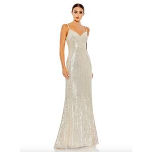 MAC DUGGAL Dress Size 6 Evening Gown Sequin Cream Silver Column Gown NEW